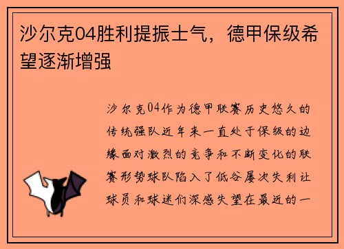 沙尔克04胜利提振士气，德甲保级希望逐渐增强